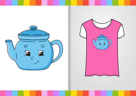 T-shirt design. Dishware theme. Cute character on shirt. Hand drawn. Colorful vector illustration. Cartoon style. Isolated on white background.のイラスト素材
