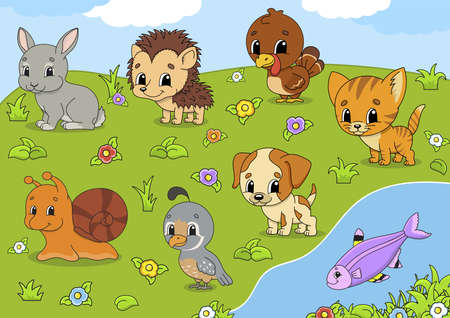 Set animals. Cute cartoon characters. Pet clipart. Hand drawn. Colorful pack. Vector illustration. Patch badges collection. Label design elements. For daily planner, diary, organizer.のイラスト素材