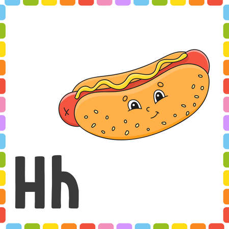 English alphabet. ABC square flash cards. Cartoon character isolated on white background. For kids education. Developing worksheet. Learning letters. Color vector illustration.のイラスト素材