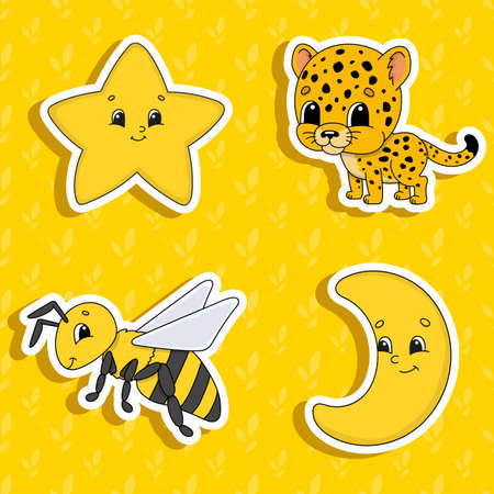 Set of stickers with cute cartoon characters. Cute clipart. Hand drawn. Colorful pack. Vector illustration. Patch badges collection. Label design elements. For daily planner, diary, organizer.のイラスト素材