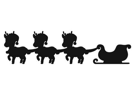 Winter deer with sleigh santa claus with gift. Black silhouette. Vector illustration isolated on white background. Design element. Template for your design, books, stickers.のイラスト素材