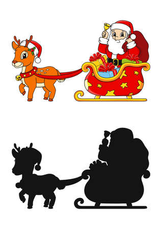 Winter deer with sleigh santa claus with gift. Black silhouette. Vector illustration isolated on white background. Design element. Template for your design, books, stickers, posters.のイラスト素材