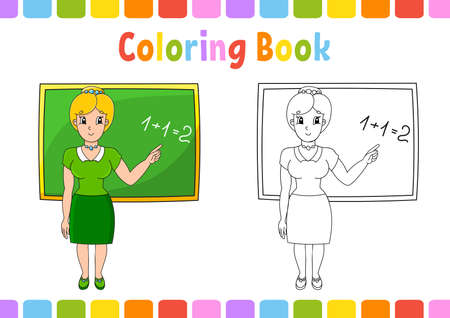Coloring book for kids. Back to school theme. Cartoon character. Vector illustration. Fantasy page for children. Black contour silhouette. Isolated on white background.のイラスト素材
