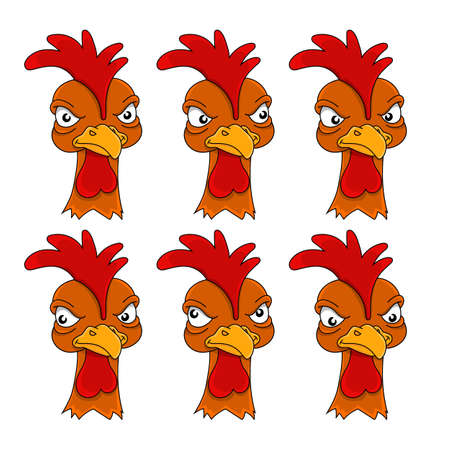 Angry rooster. Set of different eye movements. The bird looks left, right, up, down. Team mascot. Cartoon style. Colored vector illustration.のイラスト素材