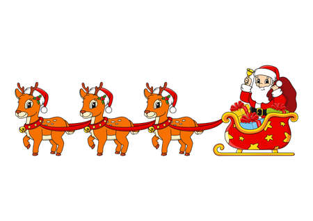 Deer with Christmas sleigh. Cartoon character. Colorful vector illustration. Isolated on white background. Design element. Template for your design, books, stickers, cards.のイラスト素材