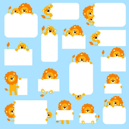 Cute lion. Cute cartoon character holding white blank poster. With place for text. Colored vector illustration.のイラスト素材