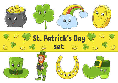 Set of stickers with cute cartoon characters. St. Patrick's Day. Hand drawn. Colorful pack. Vector illustration. Patch badges collection for kids. For daily planner, organizer, diary.のイラスト素材