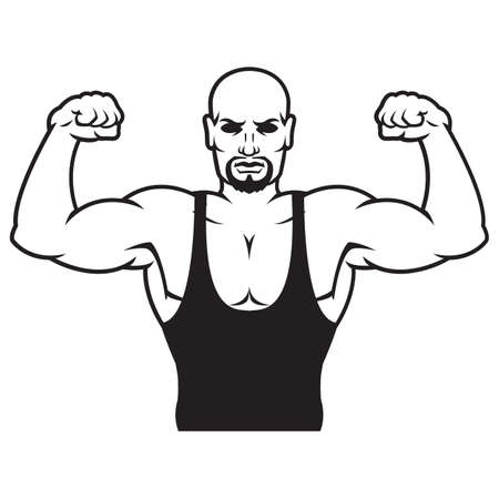 Bodybuilder strong man. Outline silhouette. Design element. Vector illustration isolated on white background. Template for books, stickers, posters, cards, clothes.のイラスト素材