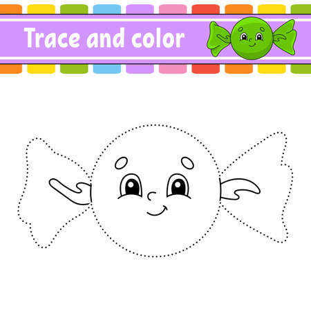 Trace and color. Birthday theme. Coloring page for kids. Handwriting practice. Education developing worksheet. Activity page. Game for toddlers. Isolated vector illustration. Cartoon style.のイラスト素材