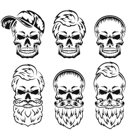 Human skull with beard and mustache. Black silhouette. Design element. Hand drawn sketch. Vintage style. Vector illustration.のイラスト素材