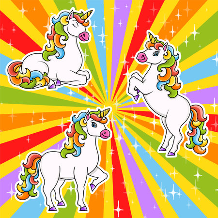 Cute unicorn. Magic fairy horse. Cartoon character. Colorful vector illustration. Isolated on white background. Design element. Template for your design, books, stickers, cards, posters, clothes.のイラスト素材