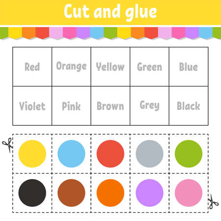 Cut and glue. Learning color games for preschool. Activity worksheet for kids. Game for children. Cartoon character. Vector illustration.のイラスト素材
