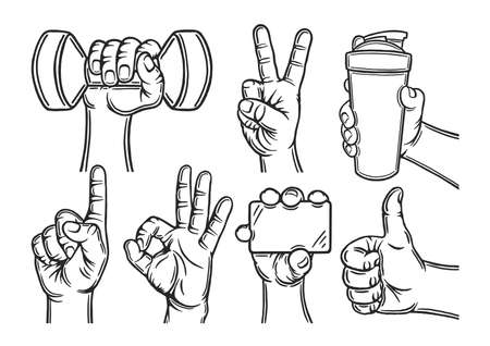 Male hand gestures set. Outline silhouette. Design element. Vector illustration isolated on white background. Template for books, stickers, posters, cards, clothes.のイラスト素材