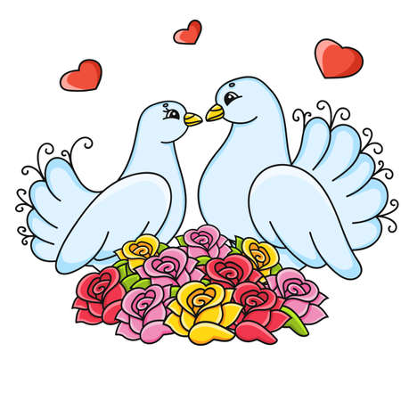 A pair of doves in roses. Cartoon character. Colorful vector illustration. Isolated on white background. Design element. Template for your design, books, stickers, cards.のイラスト素材