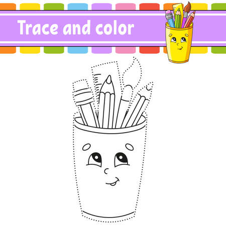 Trace and color. Coloring page for kids. Back to school theme. Handwriting practice. Education developing worksheet. Activity page. Game for toddlers. Isolated vector illustration. Cartoon style.のイラスト素材