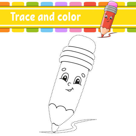 Trace and color. Coloring page for kids. Back to school theme. Handwriting practice. Education developing worksheet. Activity page. Game for toddlers. Isolated vector illustration. Cartoon style.のイラスト素材