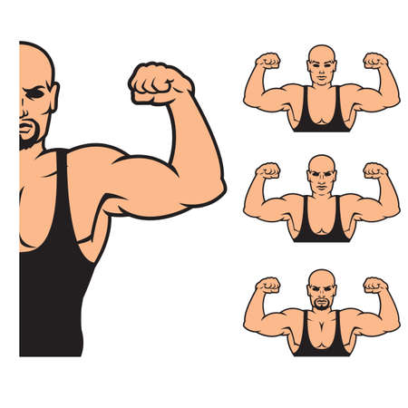 Bodybuilder strong man. Design element. Vector illustration isolated on white background. Template for books, stickers, posters, cards, clothes.のイラスト素材