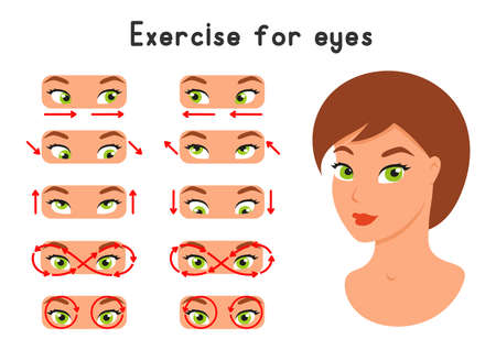 A set of exercises for the eyes. For better vision, relaxation, stretching, focus, training the eye muscles. Cartoon style. Color vector illustration isolated on white background.のイラスト素材