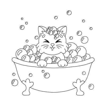 A cute kitten sits in a bubble bath. Coloring book page for kids. Cartoon style character. Vector illustration isolated on white background.のイラスト素材