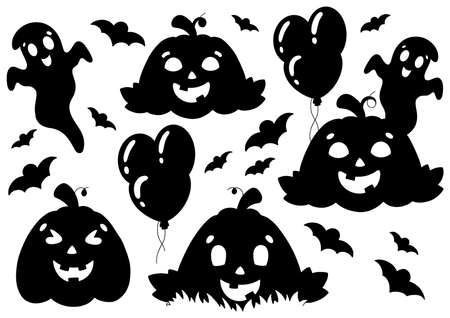 Set of elements for Halloween pumpkins, ghosts, bats. Black silhouette. Design element. Vector illustration isolated on white background. Halloween theme.のイラスト素材