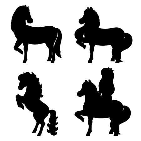 Cute horse. Farm animal. Black silhouette. Design element. Vector illustration isolated on white background. Template for books, stickers, posters, cards, clothes.のイラスト素材