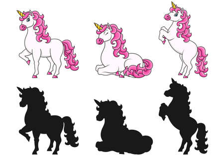 Cute unicorn. Magic fairy horse. Cartoon character. Black silhouette. Colorful vector illustration. Isolated on white background. Design element.のイラスト素材