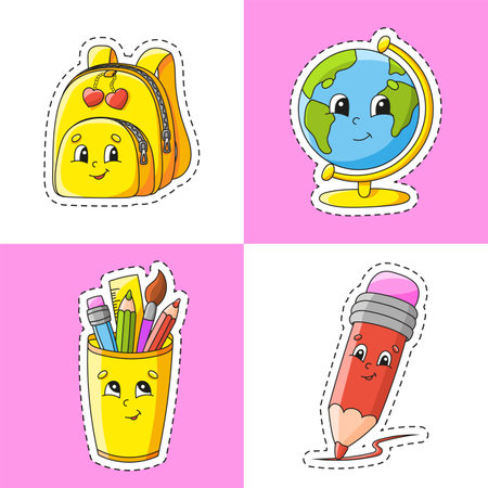 Sticker with contour. Cartoon character. Colorful vector illustration. Isolated on color background. Template for your design. Back to school theme.のイラスト素材