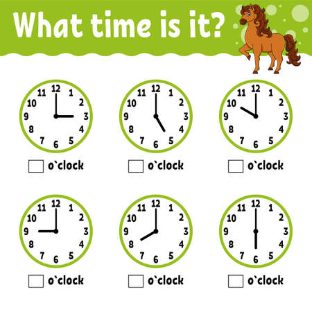 Learning time on the clock. Educational activity worksheet for kids and toddlers. Game for children. Simple flat isolated color vector illustration in cute coon style.のイラスト素材