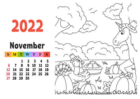 Calendar for 2022 with a cute character. Fairy unicorn. Coloring page. Fun and bright design. Isolated color vector illustration. cartoon style.のイラスト素材