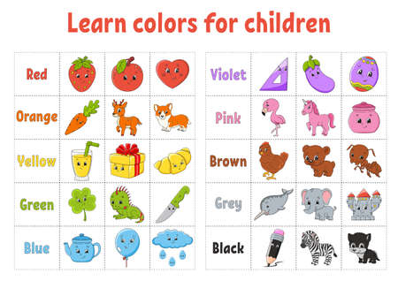 Learning colors. Flashcard for kids. Cute cartoon characters. Picture set for preschoolers. Education worksheet. Vector illustration.のイラスト素材