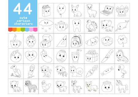 A large set of coloring books for children. Cute cartoon characters. Pages for coloring. Christmas, summer, animals, vegetables, food. Vector illustration isolated on white background.のイラスト素材