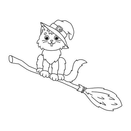 A cat in a witch hat flies on a broomstick. Coloring book page for kids. Cartoon style character. Vector illustration isolated on white background.のイラスト素材