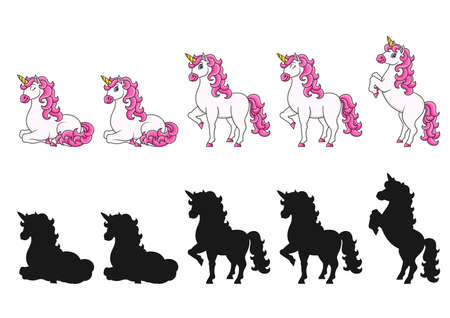 Cute unicorn. Magic fairy horse. Cartoon character. Black silhouette. Colorful vector illustration. Isolated on white background. Design element.のイラスト素材
