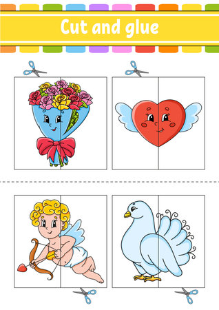 cut and play. paper game with glue. flash cards. education worksheet. activity page. funny character. Isolated vector illustration. cartoon style. Valentine's Dayのイラスト素材