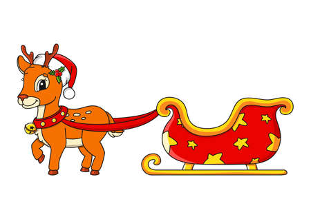 Deer with Christmas Sleigh. cartoon character. colorful vector illustration. isolated on white background. design element. Template for your design, books, stickers, cards.のイラスト素材