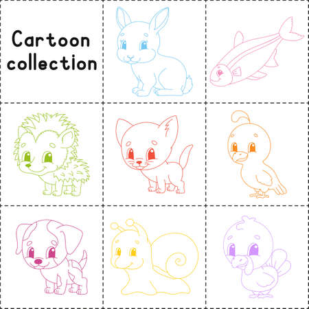 Coloring book page for kids. animal set. Cartoon style character. Vector illustration isolated on white background.のイラスト素材