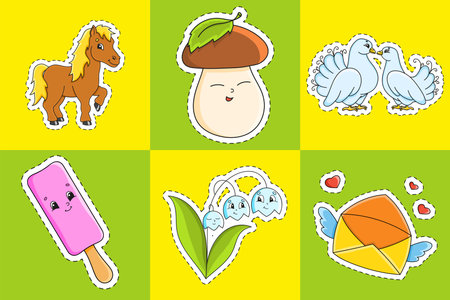 Set stickers with contour. cartoon characters. colorful vector illustration. Isolated on color background. Template for your design.のイラスト素材