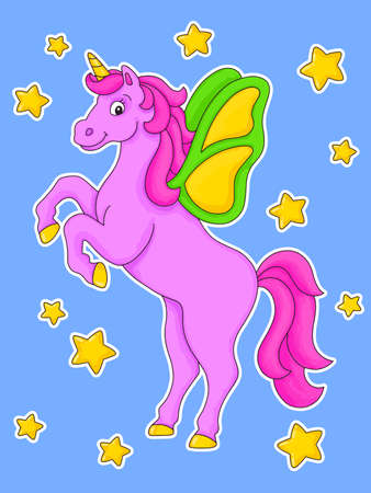 Cute unicorn with wings reared up. cartoon character. colorful vector illustration. Isolated on blue background. design element. Template for your design, books, stickers, cards.のイラスト素材