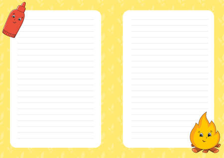 Colored sheet template for notes. Paper page for journal, notebook, diary, letters, schedule, organizer. cute cartoon characters. line sheet. vector illustration. Barbecue theme.のイラスト素材