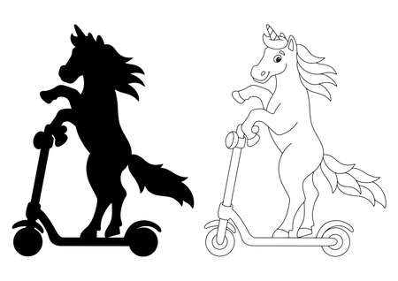 Unicorn riding a scooter. black silhouette. design element. Vector illustration isolated on white background. Template for books, stickers, posters, cards, clothes.のイラスト素材