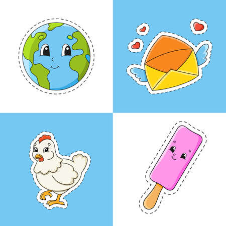 Set stickers with contour. cartoon characters. colorful vector illustration. Isolated on color background. Template for your design.のイラスト素材
