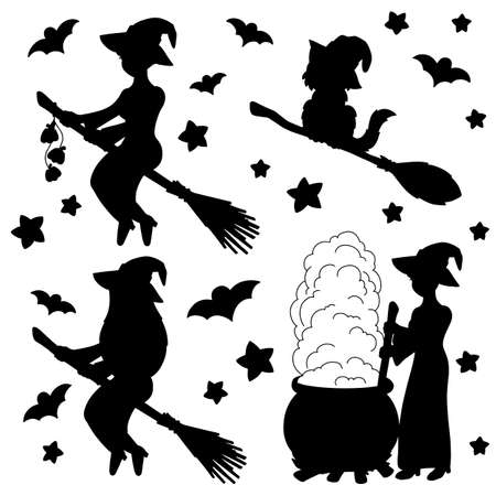 Witch on a broom, black cat. black silhouette. design element. Vector illustration isolated on white background. Template for books, stickers, posters, cards, clothes. Halloween theme.のイラスト素材