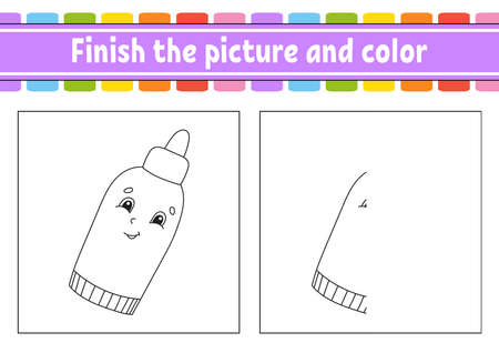 Finish the picture and color. cartoon character isolated on white background. For kids education. activity worksheet.のイラスト素材