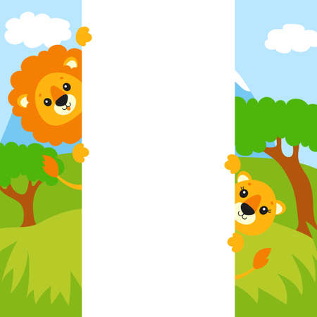 Cute cartoon character holding white blank poster. With place for text. Colored vector illustration.のイラスト素材