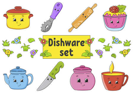 Set of stickers with cute cartoon characters. hand drawn. colorful pack. vector illustration. dishware theme. Patch badge collection for kids. For daily planner, organizer, diary.のイラスト素材