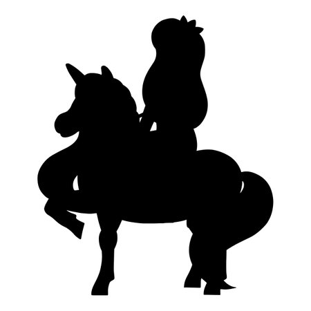 The princess is riding a unicorn. black silhouette. design element. Vector illustration isolated on white background. Template for books, stickers, posters, cards, clothes.のイラスト素材