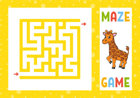square maze. Game for kids. Puzzle for kids. happy character. Labyrinth conundrum. color vector illustration. Find the right path. With answer. Isolated vector illustration. Coon style.のイラスト素材