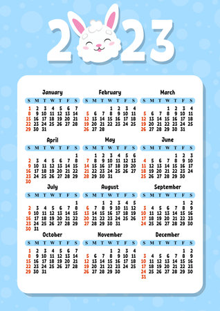 Color calendar for 2023 with a cute character rabbit. Week starts on Sunday. Fun and bright design. cartoon style. vector illustration.のイラスト素材
