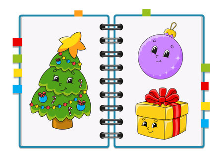 Set of stickers with cute cartoon characters. winter clipart. christmas theme. colorful pack. vector illustration. Patch badge collection for kids. For daily planner, organizer, diary.のイラスト素材