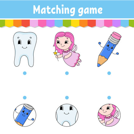 Matching game for kids. Education developing worksheet. Draw a line. activity page. cartoon characters. vector illustration.のイラスト素材